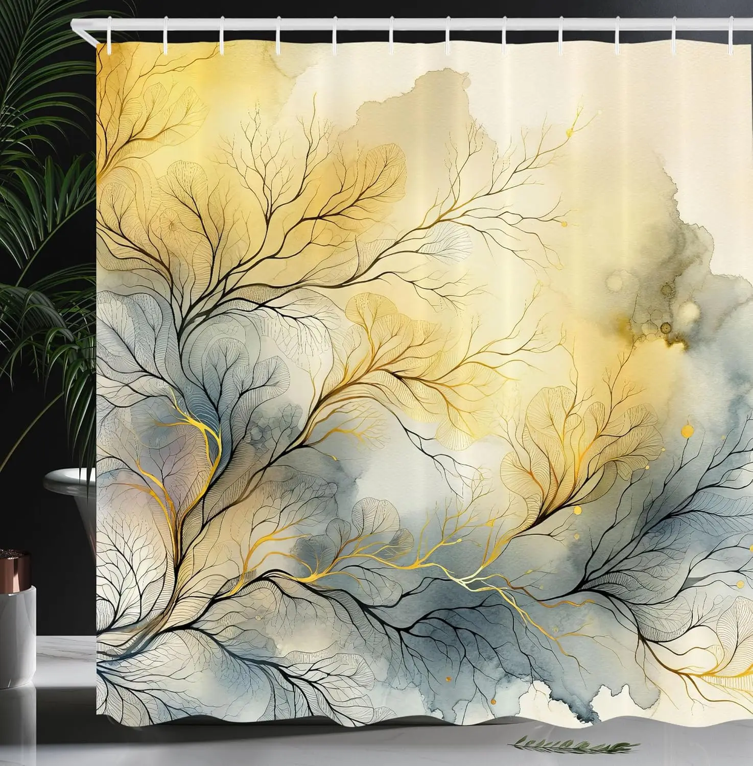 

Ambesonne Yellow Shower Curtain, Autumnal Melancholy Leafless Branches on Dreamy Watercolor Look Back, Cloth Fabric Bathroom