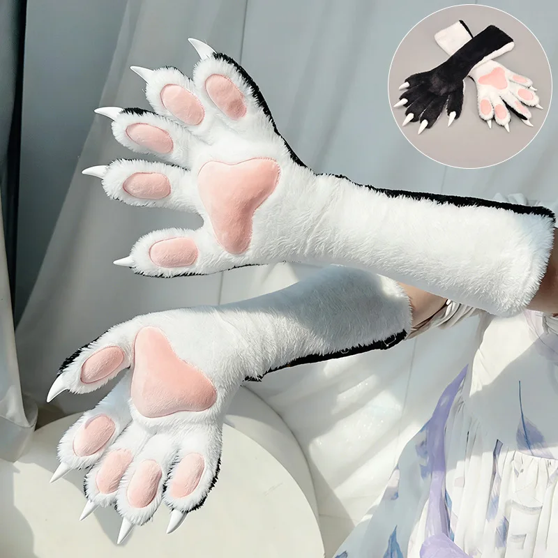 Anime Animal Paw Gloves 5 Finger Furry Claw Mittens Cute Plush Pads Resin Nails Cosplay Fursuit Paws Kig Accessories 6 Colors - view 4