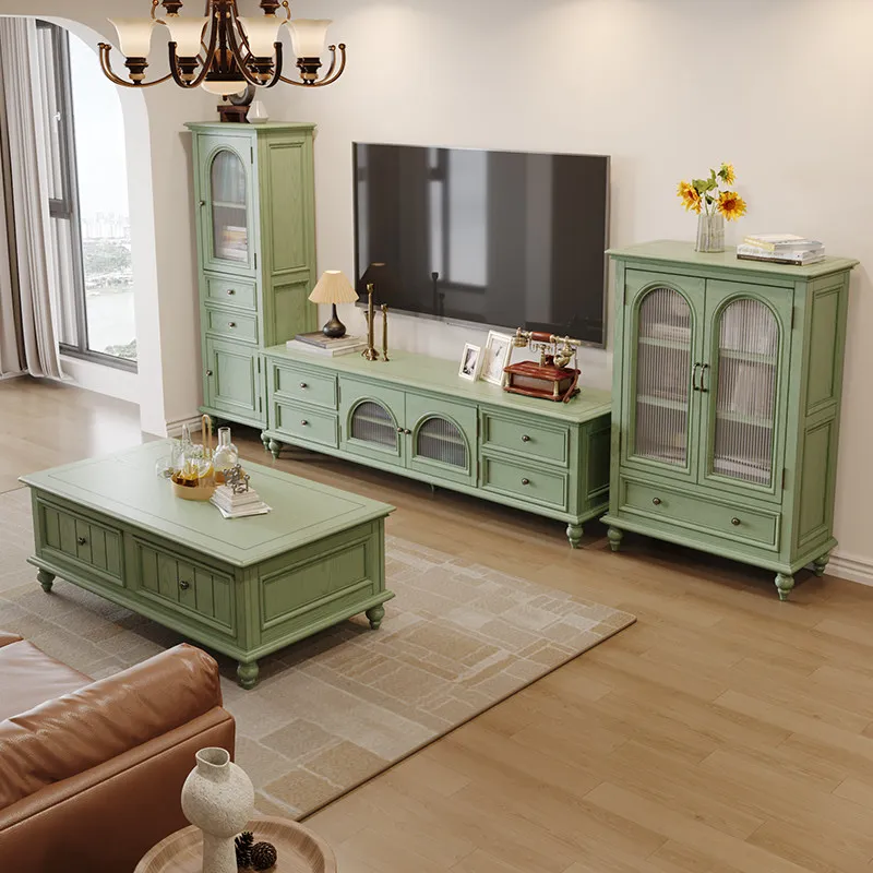 

Solid wood TV cabinet 2024 new high-end green small apartment living room coffee table TV cabinet combination
