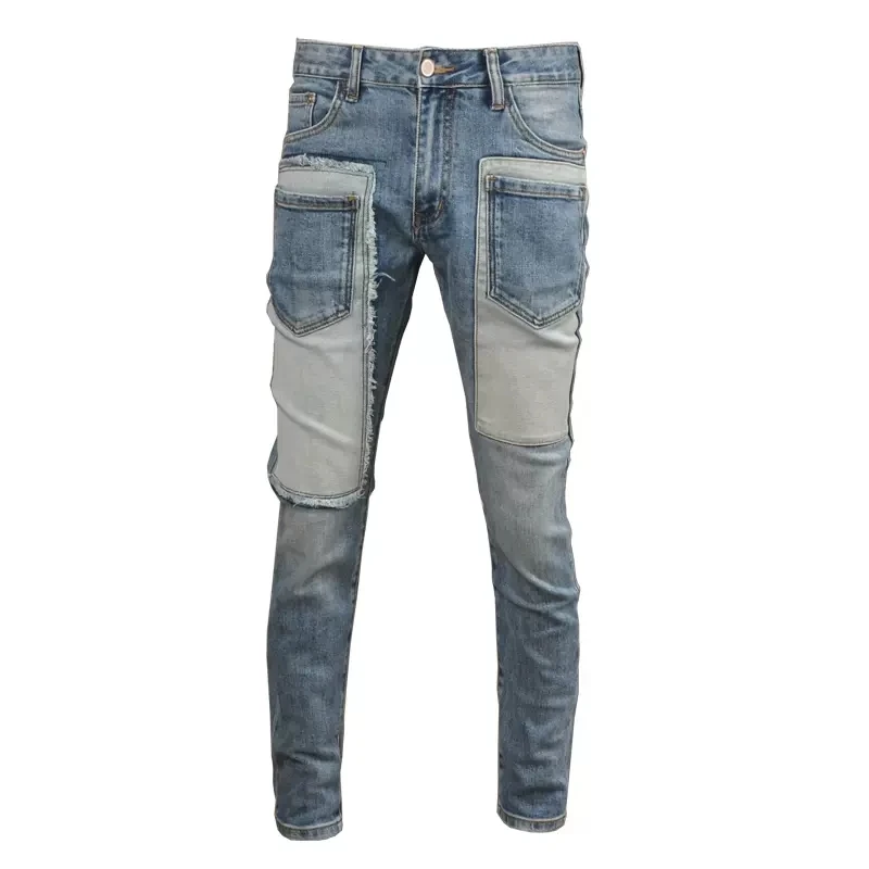 Fashion Streetwear Men Jeans Retro Blue Stretch Slim Fit Spliced Designer Ripped Jeans Men Multi Pockets Hip Hop Pants Hombre