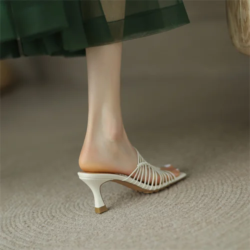 2024 Summer Women Shoes Peep Toe Med Heel Slippers Fashion Split Leather Shoes for Women Casual Mules for Women Sandals