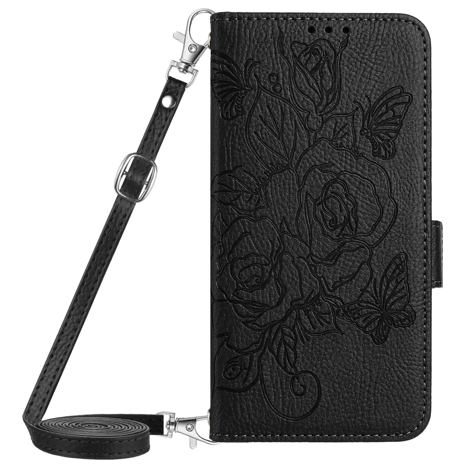 Rosepatroon crossbody lederen portemonnee hoesje voor Oukitel C69 C68 Plus C65 C62 C61 C59 C58 met koordje, flip cover, 3 kaartvakjes, polsbandje, funda