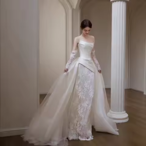 2026 Women's Lace Light Wedding Dress Bustier Evening Gown Fashion Slimming Style Elegant Train Light Luxury White Fishnet Dress