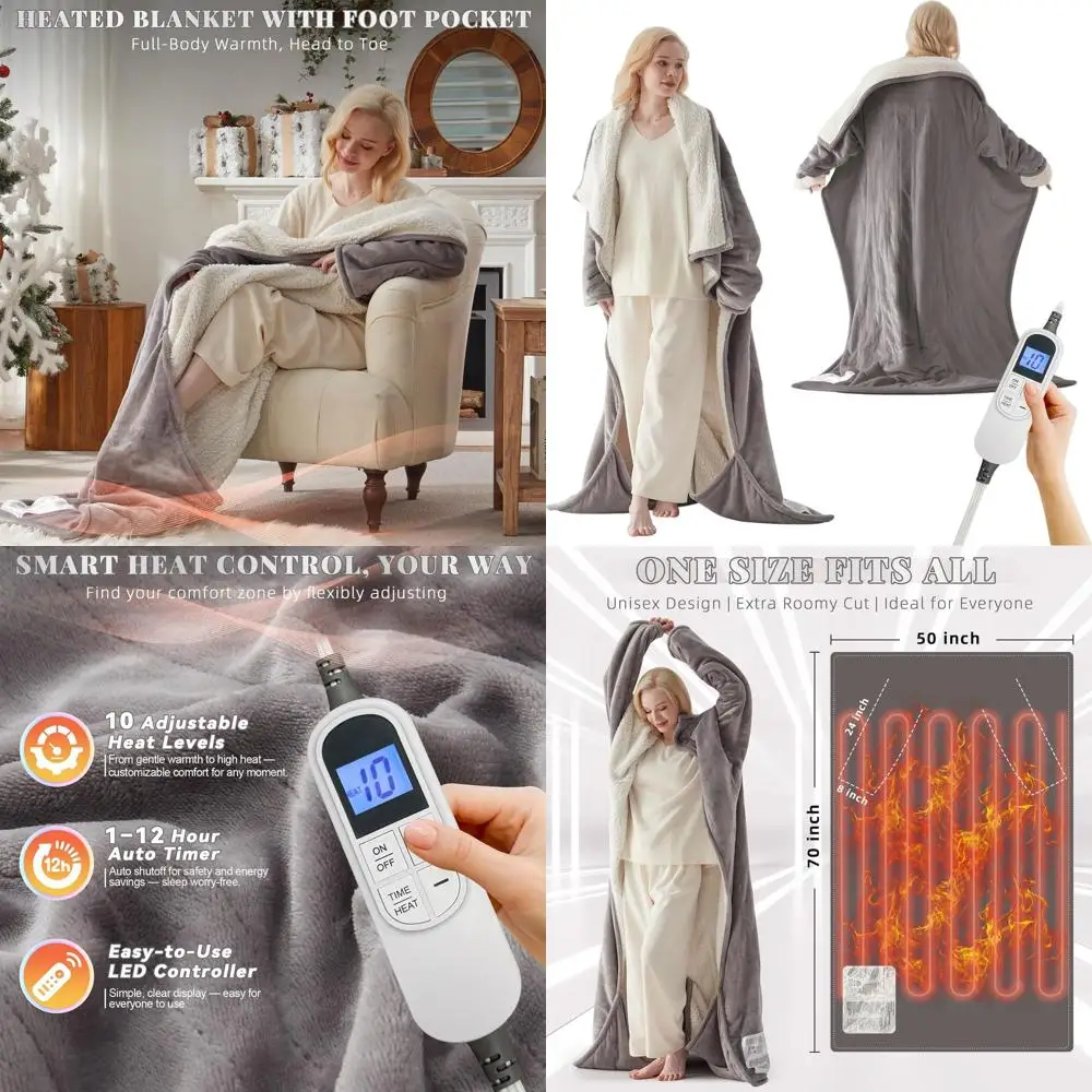 

Grey Flannel Sherpa Electric Blanket with Foot and Sleeve Pockets, 10 Heat Levels, 1-12H Auto-Off, 50x70
