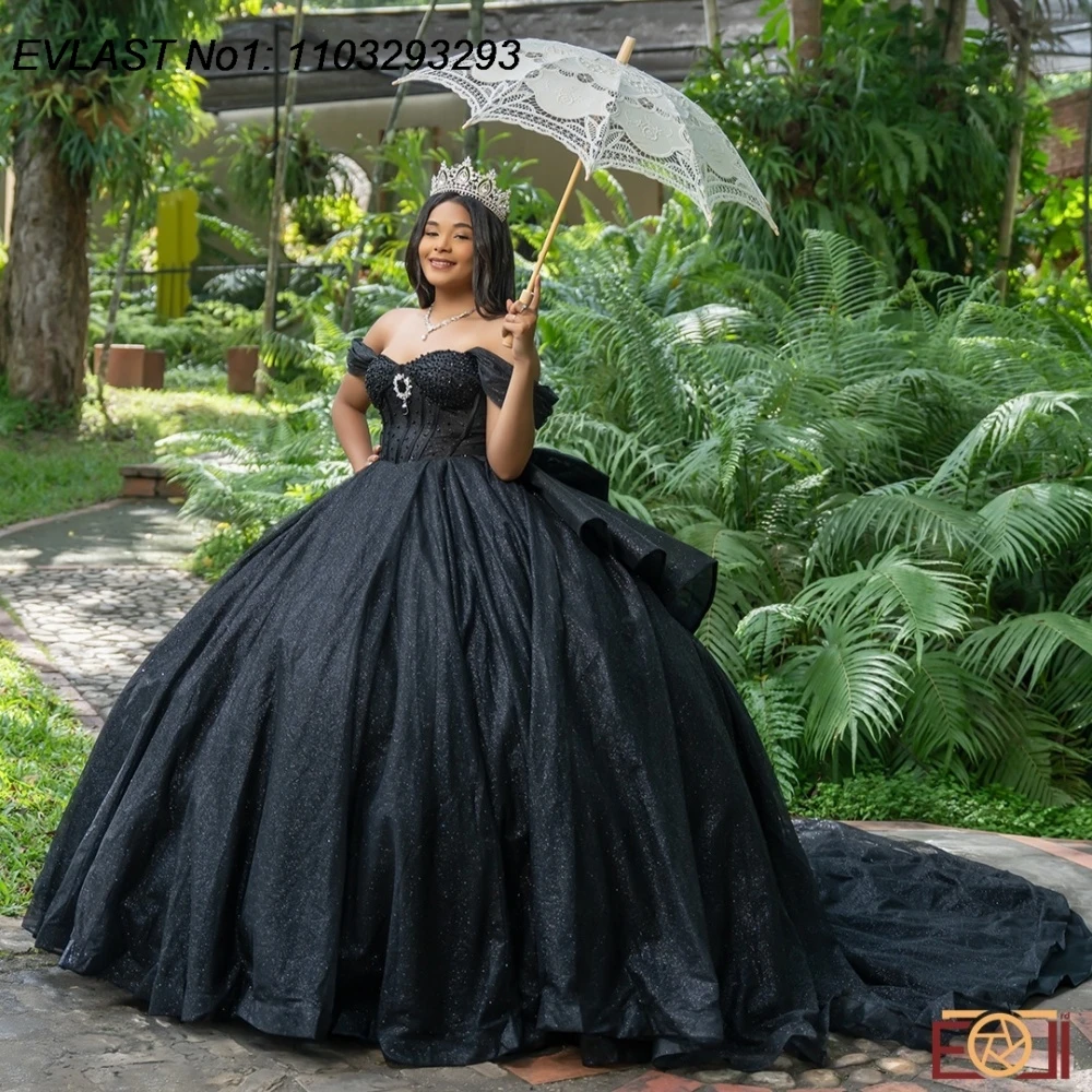 

EVLAST Customized Shiny Black Quinceanera Dress Ball Gown Applique Crystal Beaded Corset Sweet 16 Vestidos De 15 Anos E1QN641