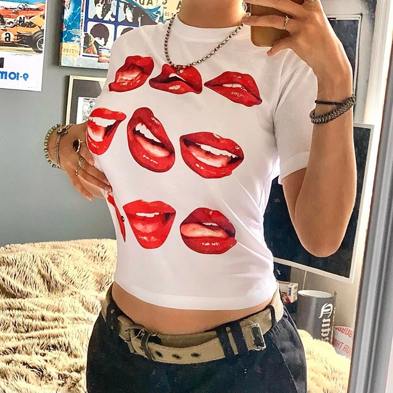 Y2k Baby Tee Summer Women's Crop Top Red lip Print O-neck Short Sleeve t-shirt Slim White harajuku Girls Streetwear vintage club