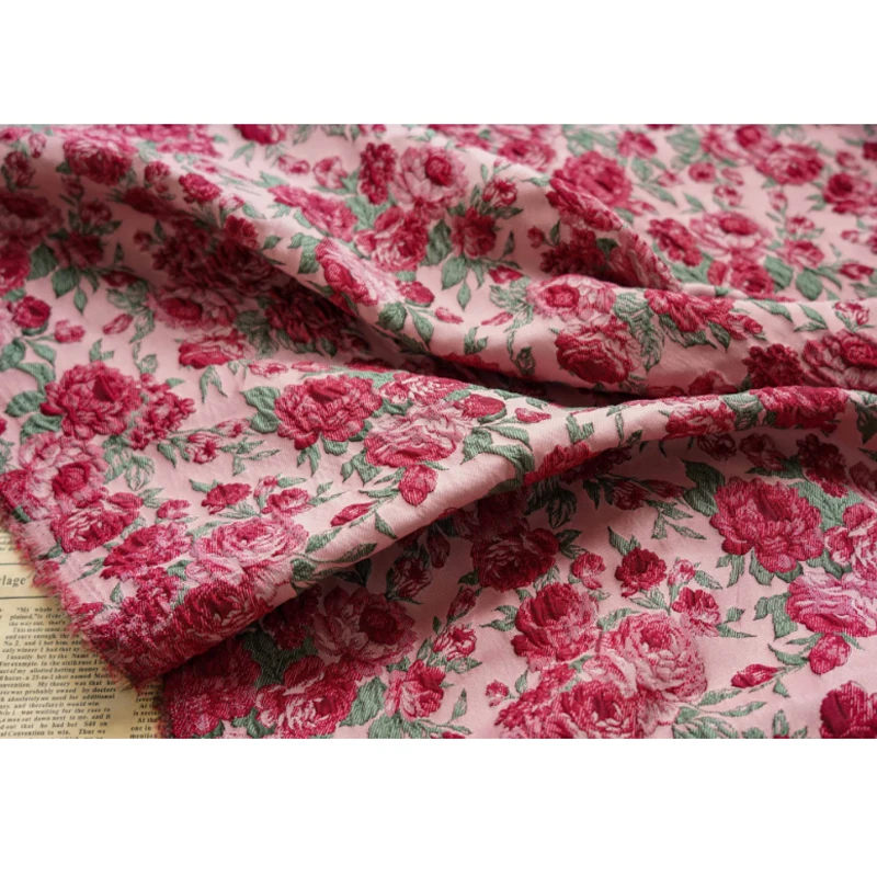 garden full of roses Jacquard Fabric 3D Texture Red Rose for Dress Clothing Designer Fashion Apparel Sewing Material Diy Cloth