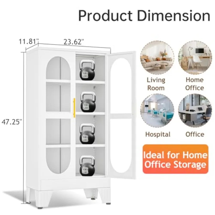 Living room metal display cabinet with glass door and lock, 47H black steel 4-tier curio cabinet featuring 3 adjustable shelves