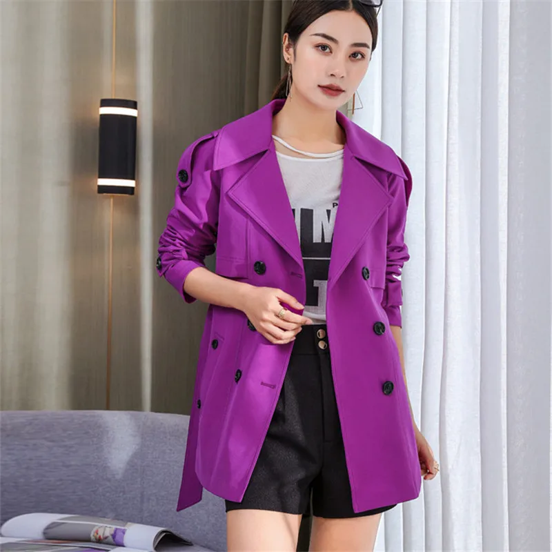 

Korean Fashion Mid Long Purple Trench Coat Women Spring Autumn Loose Overcoat Belt Big Pocket Double Breasted Windbreaker Female