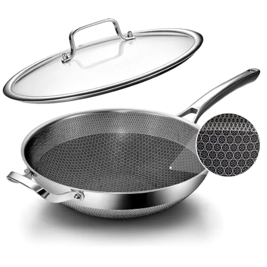 

Wok pan, 12 inch Hybrid Wok with Lid, PFOA Free Cookware, Non Stick Stainless Steel Woks and Stir-fry pans Nonstick, Dishwasher