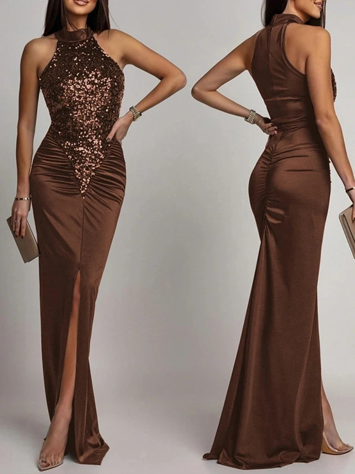 

Luxury Glitter Sleeveless Sequins Spliced Evening Dress Temperament Slim Hollow Out Bodycon Dress Fashion Elegant Pleat Dresses
