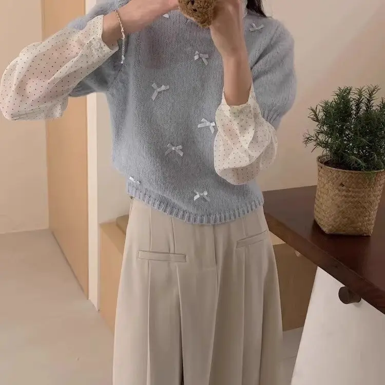 

Нежный свитер с короткими рукавами и бантом, женский ранняя осень, милый вязаный пуловер, топ, корейский модный тонкий однотонный свитер Femme