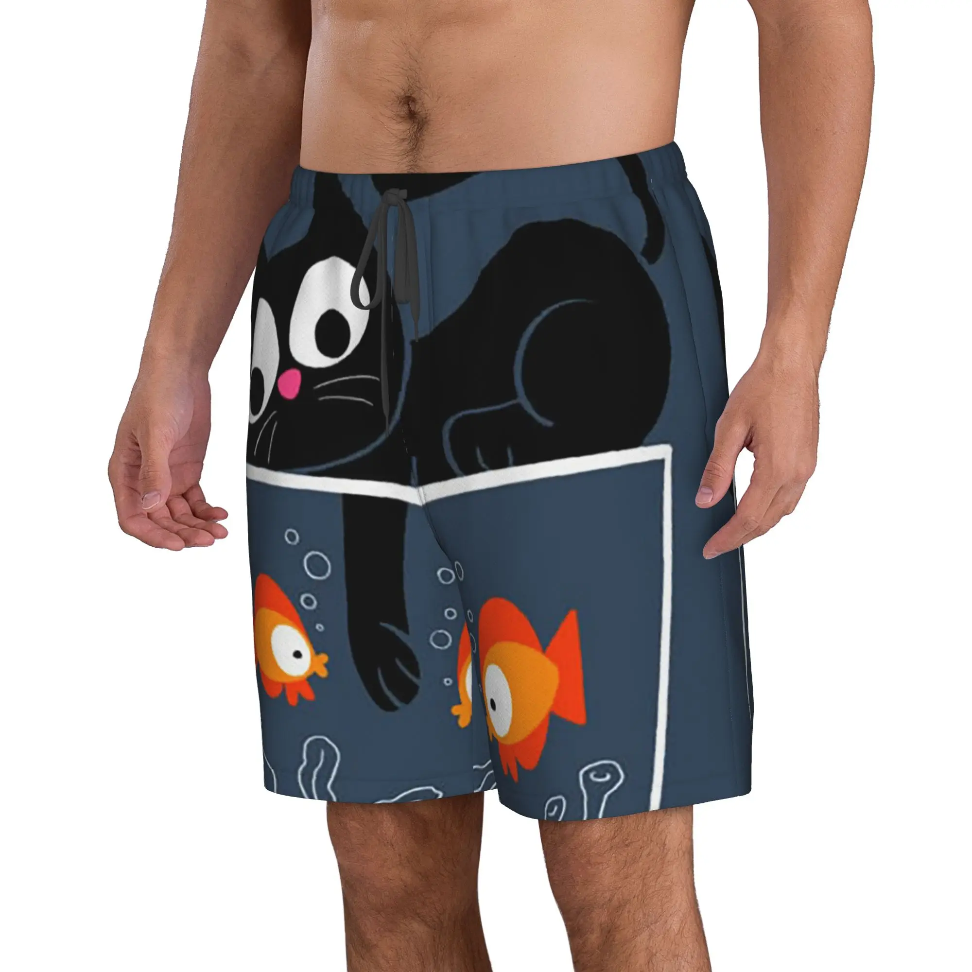 Black Cat Peeking Into Water Staring at Swimming Small Fish Trunks Beach Board Shorts Casual Quick Dry Swim Summer Men Pants