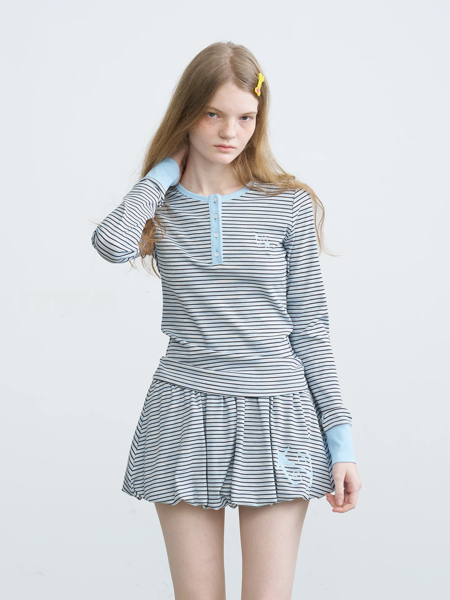 

Riverstone plus Women's Long Sleeve T-Shirt And Skirt Set Gradient Dyeing Embroidery Henry Collar Casual Spring Fashion