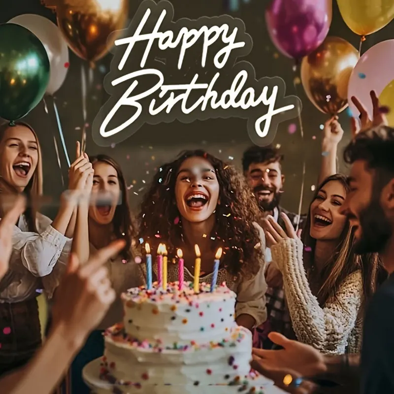Lumière décorative au néon joyeux anniversaire rose/blanc froid/blanc chaud, adaptée aux fêtes de restaurants, décorations de vacances et rapports de fête, surprises de chambre à coucher, réunions de salon et essentiels pour les accessoires photo