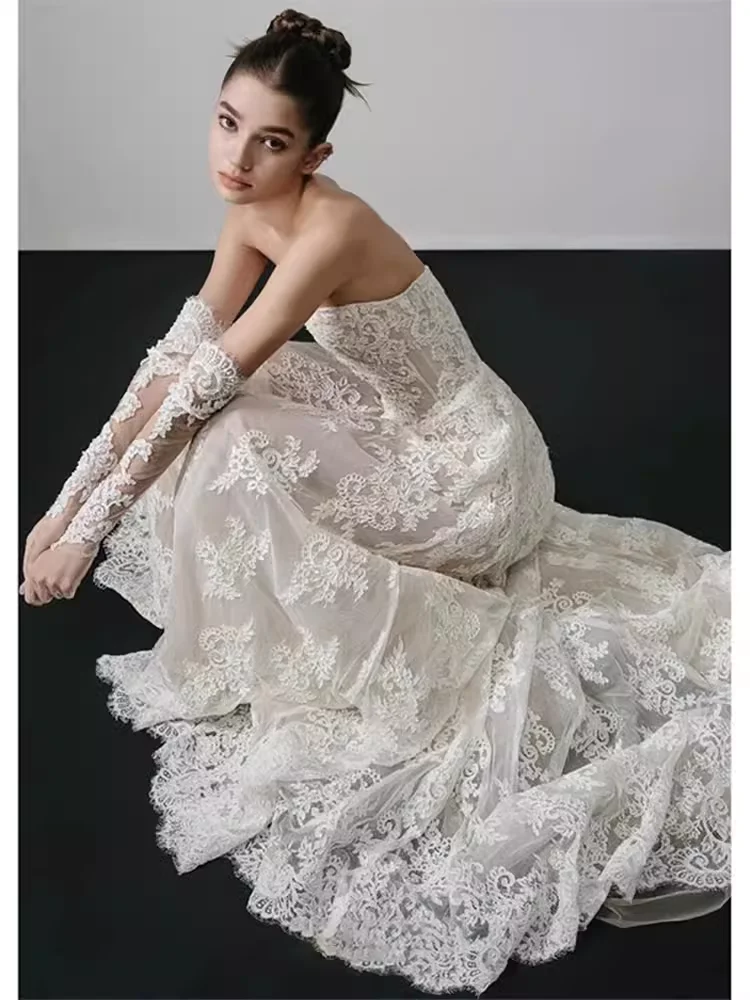 TAFN Luxury Lace Wedding Dresses Strapless A-line Floor-Length Bridal Gown Custom Made Court Tarin Dresses with Sleeves