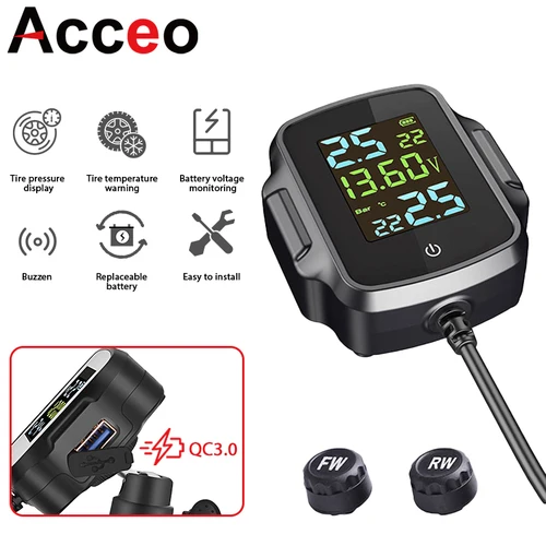 Imagen 1 del producto TPMS de motocicleta con carga rápida QC 3,0, salida USB, sistema de Monitor de alarma de presión de neumáticos de motocicleta, sistema de alarma de temperatura de neumáticos