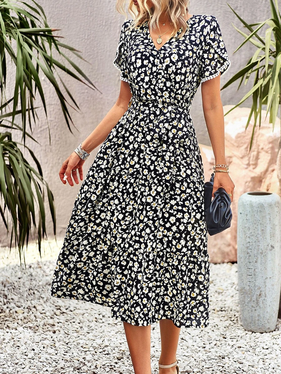 Dames Bohemidi Jurk Met Korte Mouwen En Bloemenprint Midi-Jurk Boho V-Hals Flowy Sundress Slim Fit Maxi-Jurk