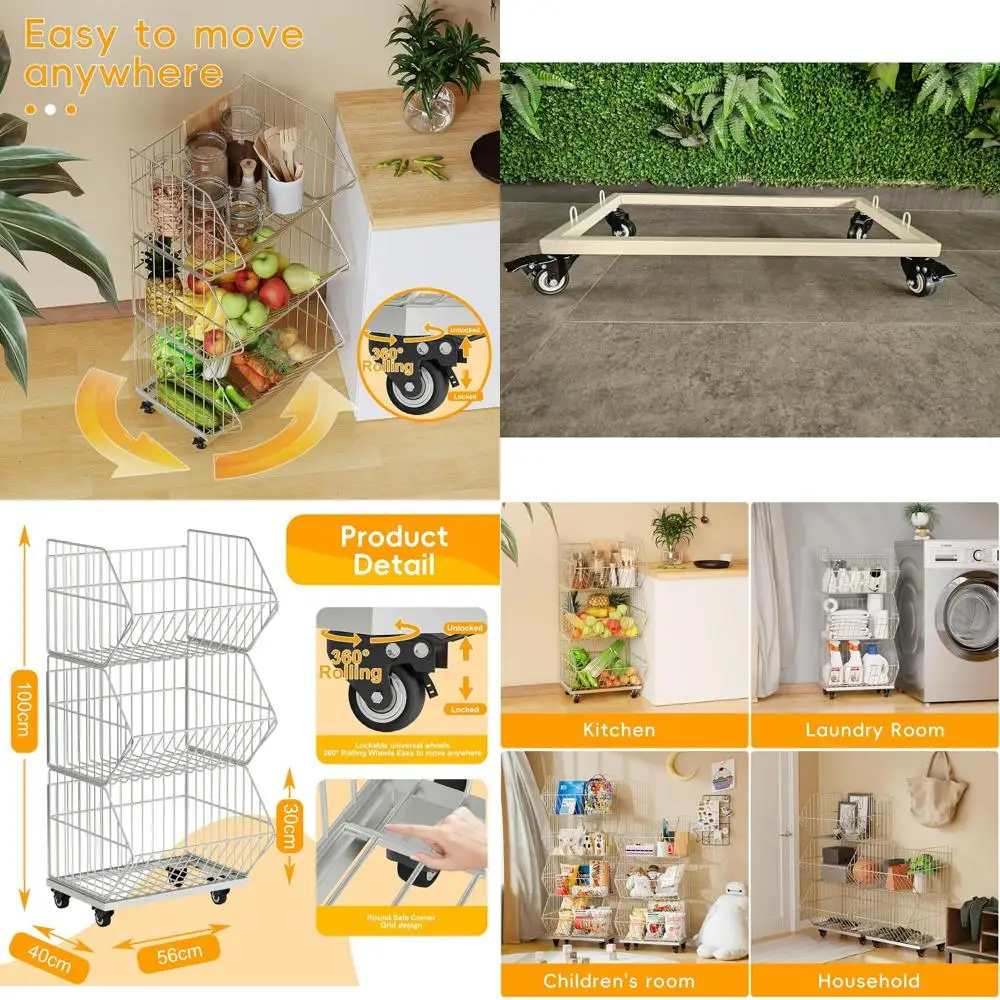 

Прочные трехъярусные металлические стеллажи с проволочной корзиной и колесами для хранения на кухне, гараже и кладовой