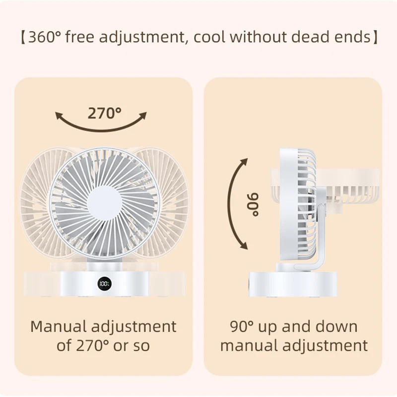 Ventilador de mesa recarregável USB, portátil, mini ventilador de mesa, 5 velocidades ajustáveis, display digital silencioso, ventiladores de mesa para casa e escritório