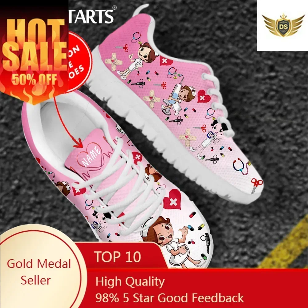 

Pink Nursing Shoes Ladies Flats Sneakers Cute Cartoon Nurse/Doctor Brand Design AF Mesh Lightweight Female Footwear