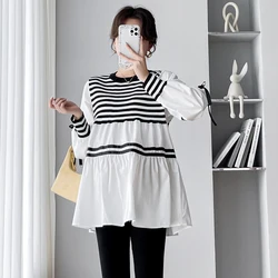 Koreaanse Stijl Lente Herfst Losse Streep Zwangere Vrouwen Katoenen Shirts Plus Size Moederschap Kleding Zwart Wit Patchwork Blouses