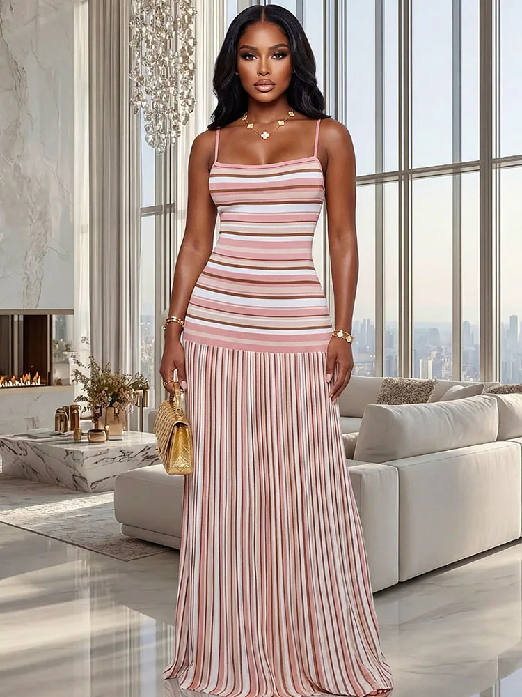 Doyerl Buntes gestreiftes Sommerkleid für Damen, ärmellos, Spaghettiträger, trägerlos, schmal geschnitten, A-Linie, Club-Party, langes Kleid