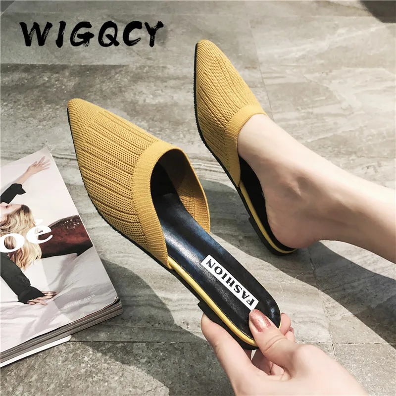 New Women\'s Summer Solid Toe-covered Slipper Fashion Pointed Woven Breathable Lazy Slippers Flat Sandals Women Mule Slides Shoes