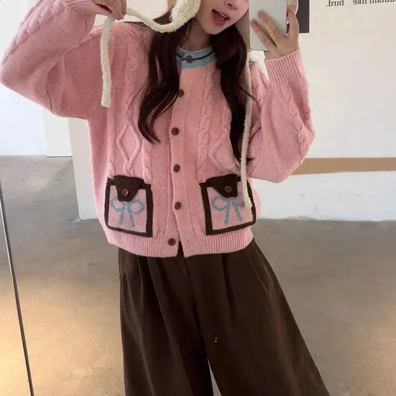 

Gentle Contrasting Colors Patchwork Sweaters Women's Clothing Round Neck Autumn Winter New Vintage Loose Casual Knitted Cardigan