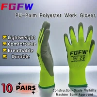10 Pairs PU Coated Work Gloves - Lightweight, Durable Safety Gloves EN 388/ISO20471 Certified, Sizes S/M/L/XL 3