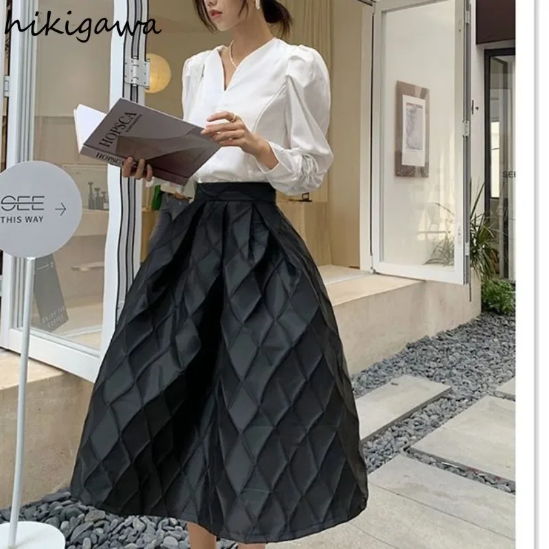 2025 Faldas Mujer De Moda Simple Vintage Skirt Women Fashion Temperament Big Swing Jupe High Waist A-line Thicked Long Skirts