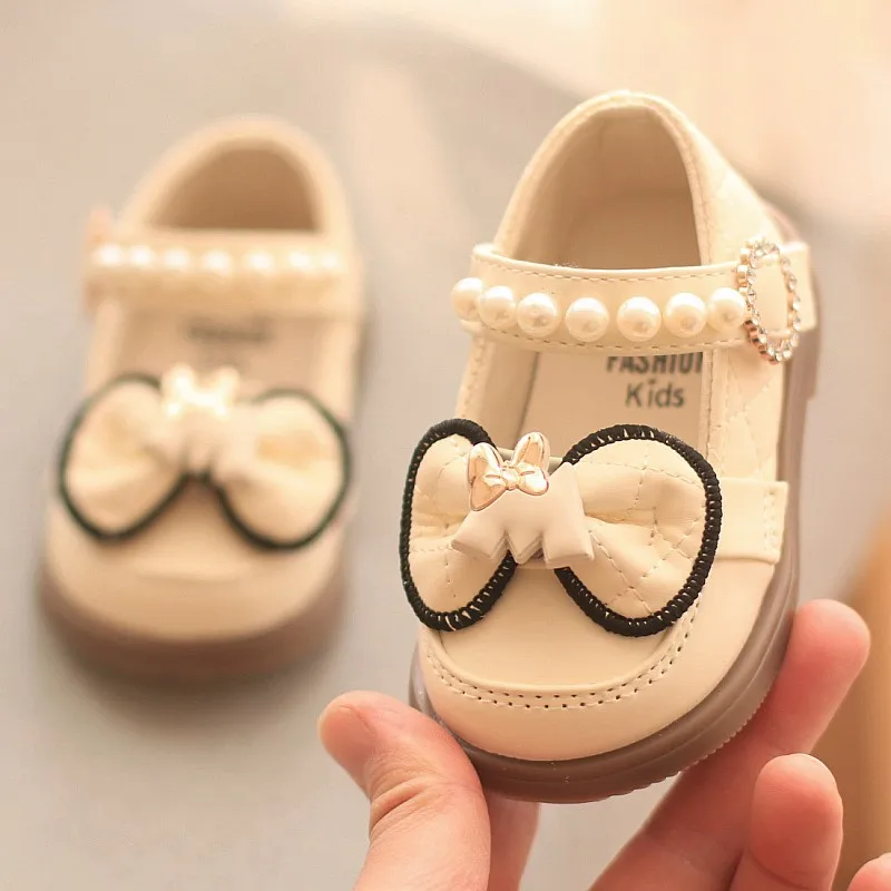 Autumn Baby Girls Cute Bow Leather Shoes 2024 Spring Pearl Bow Princess Shoes Soft Children Baby Toddler Single Shoes