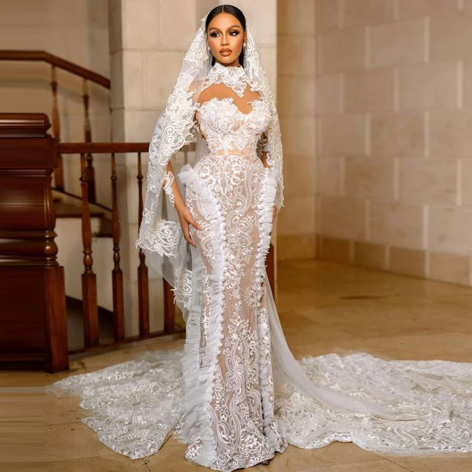 Retro Lace Mermaid Wedding Dresses Saudi Arabia High Neck Sheer Long Sleeves Bridal Gowns Sweep Train Wedding Vestidos With Veil