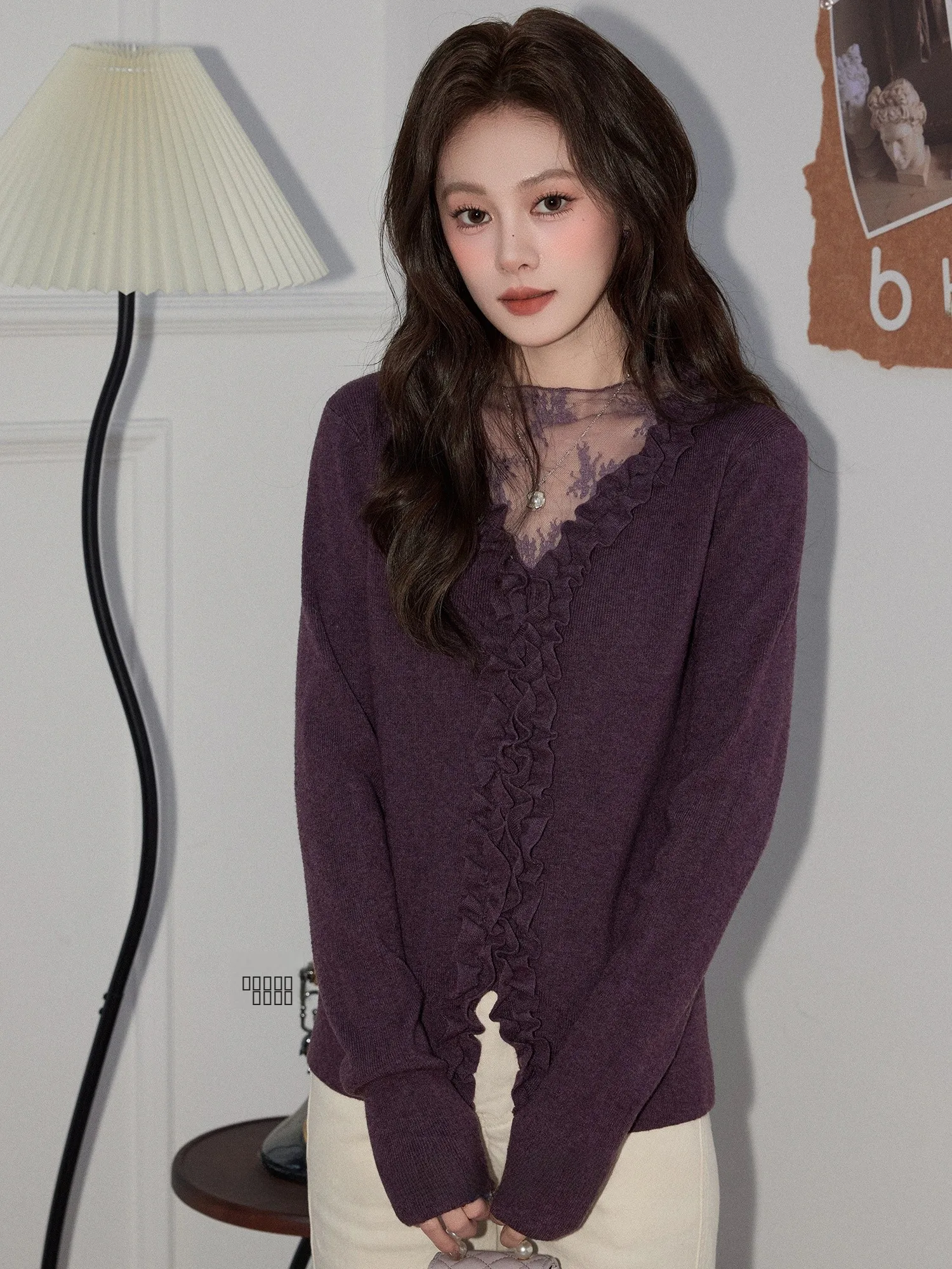 

Ele Lace Splice Knitted Top Women's Slim Fit Long Sve Purple Wood ain Breathable Comfortable Mid-Length irt