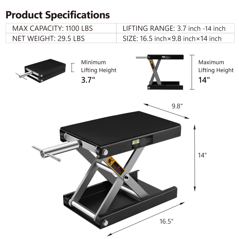 1100 lb Steel Motorcycle Lift ATV Scissor Lift Jack, Bike Garage Repair Lift Bracket