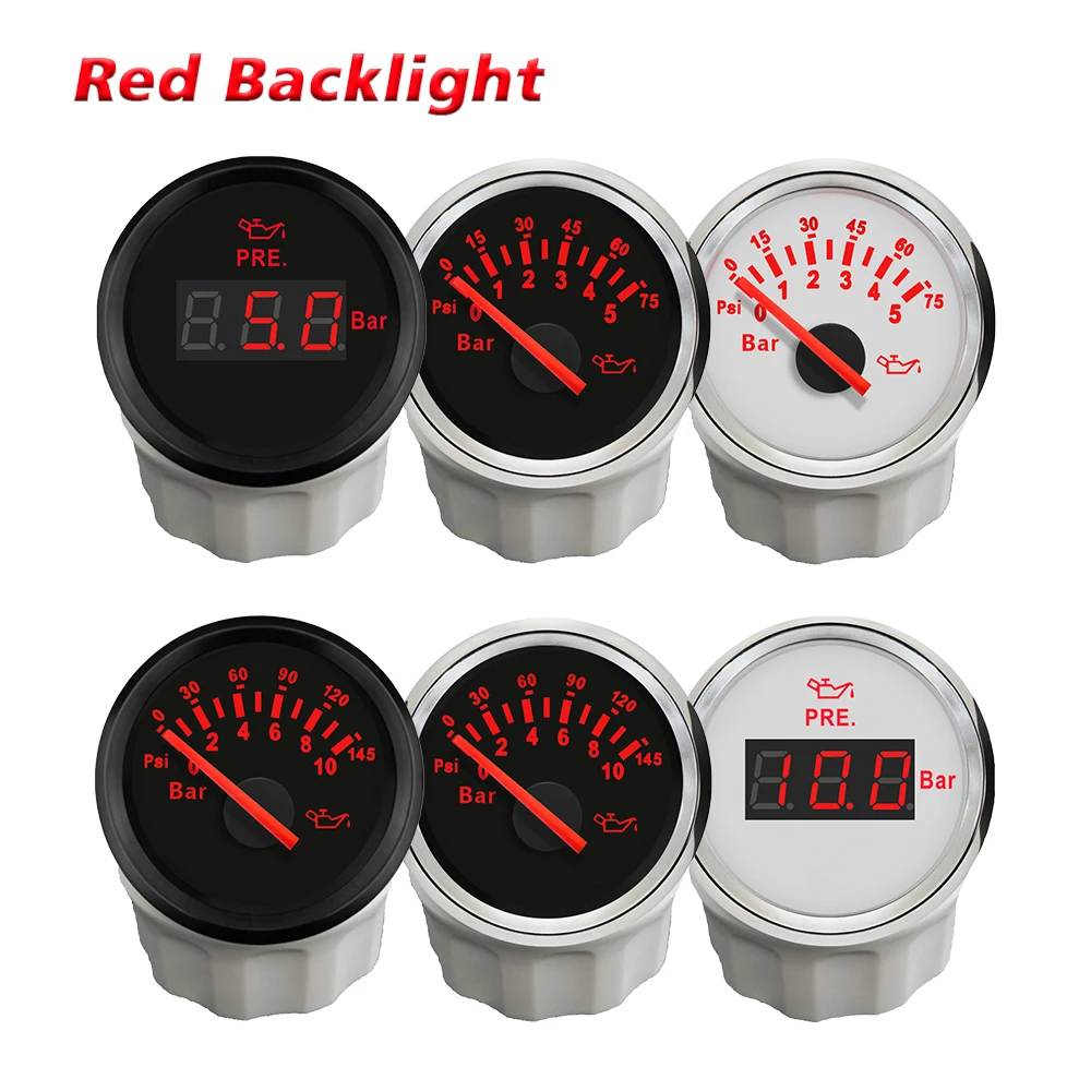 Universal Car 52mm Oil Pressure Gauge 0-5Bar 0-10Bar Waterproof for Motorcycle Boat with Red Backlight 9-32V