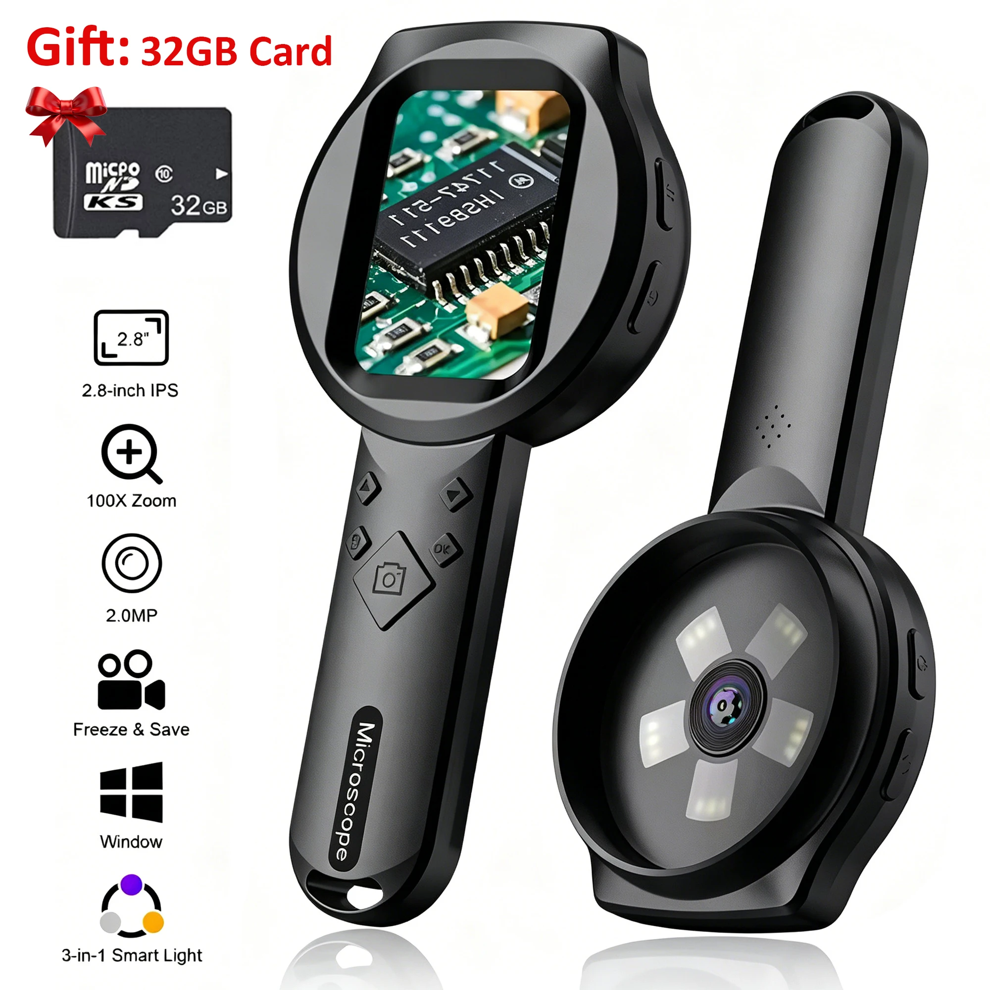 2.8'' IPS Digital Magnifier HD 1080P 100X Portable Microscope Handheld Magnifying Glass for Jewelry Electronics Repair Check