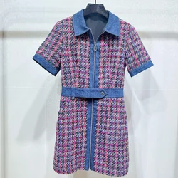 High Quality Vintage Denim Stitching Polo Collar Dress Small Fragrant Casual Fashion Short Sleeve Office French Lady Tweed Dress