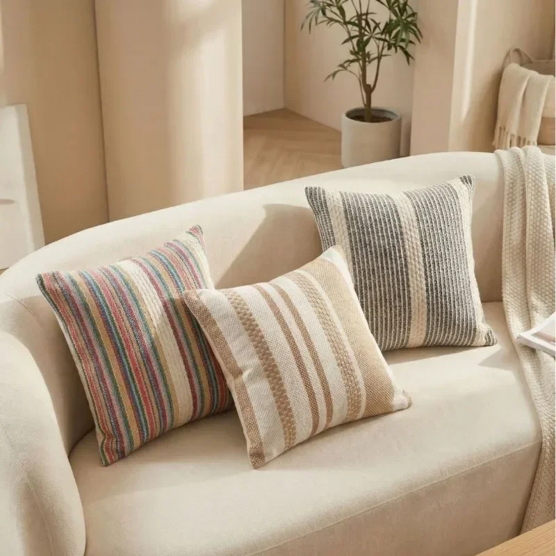 yesStriped Woven Jacquard Throw Pillow Covers Set Boho Mid Century Cotton Linen Cushion Cases Decorative for Home Sofa 18x18 Inc