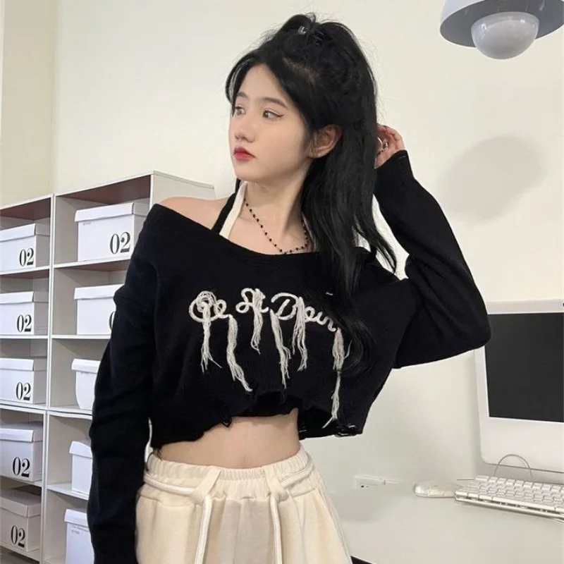 Sets Women American Letter Embroidery Crop Top Long Sleeve Knitwear Spring New Fashion Sexy Tops Ladies Harajuku Daily Clothing