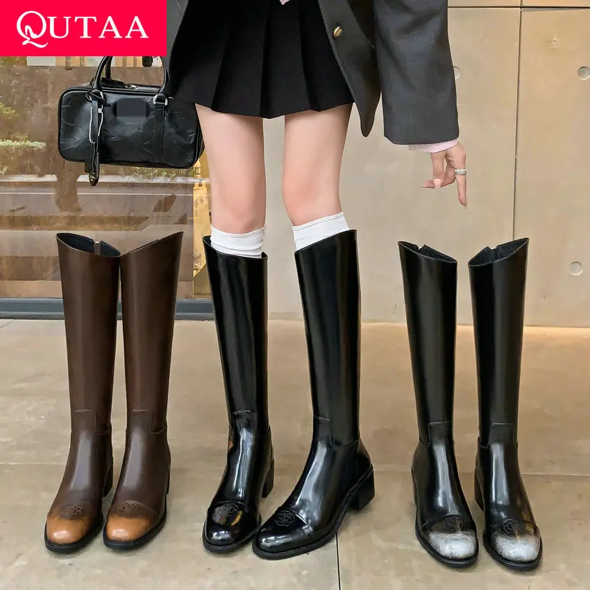 QUTAA 2024 Women Knee High Boots Autumn Winter Low Heels Office Lady Motorcycle Working Genuine Leather Shoes Woman Size 34-39