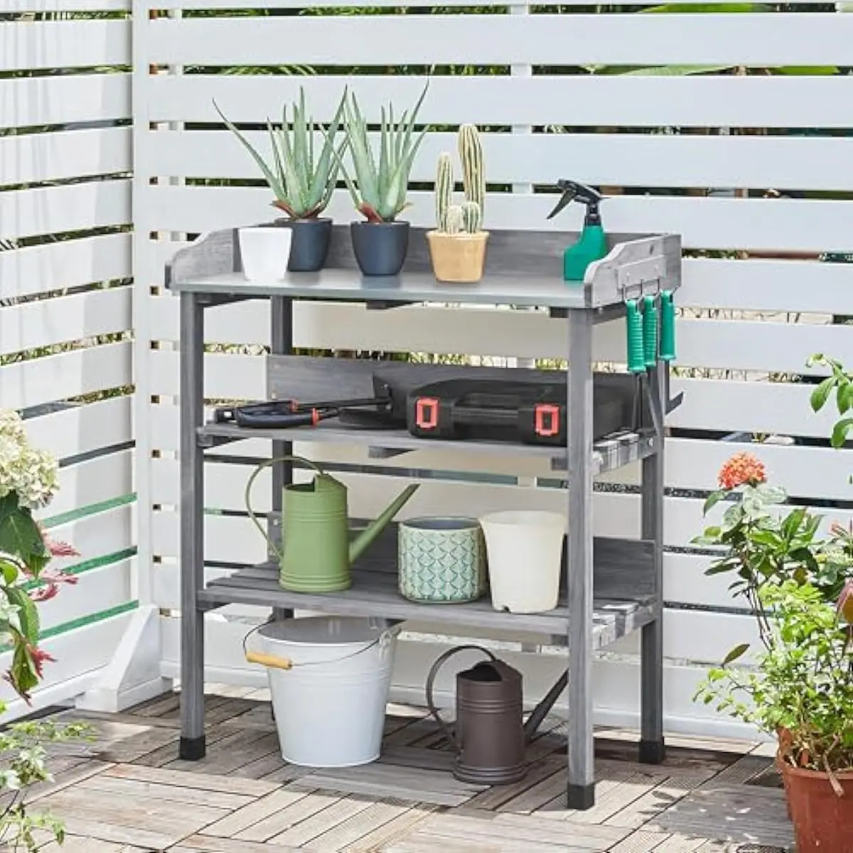 Outdoor Potting Station with Triple-Tier Fir Wood Shelving Gray Finish Rust-Resistant Metal Worktop Weatherproof Garden Tool Org