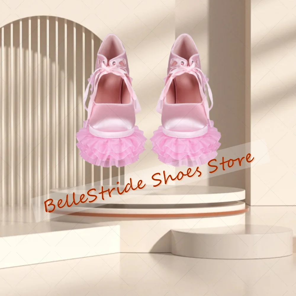 

Pink Lace up Ruffles Platform Pumps Round Toe Women Shoes Chunky High Heels Party Banquet Dating 2025 Zapatos Para Mujere