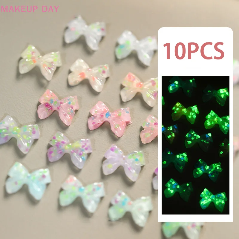 10pcs Luminous Nail Art Charms 3D Resin Multicolour Ribbon Bow Nail Decoration Flatback Bowtie Manicure Parts Accessory