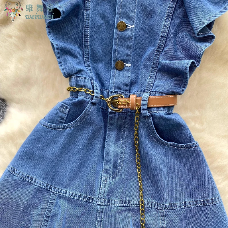 French Blue Denim Dress Women Must-have Denim Dress WithRuffled Decorations Commuting&Dating Summer High Waist V-neck Long Dress