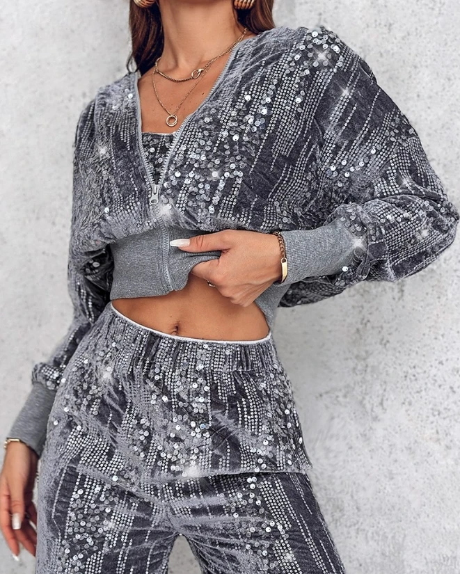 

Black Gray Velvet Material Short Jacket, Fashionable Trend, Contrasting Color, Sequin Decoration, Zipper Design, Hooded Jacket