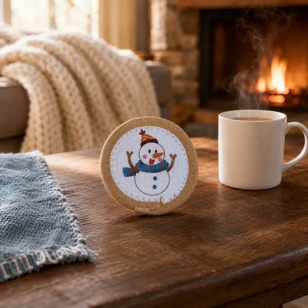 Snowman Trivet Christmas Cup Mat Woven Cotton Rope Heat Resistant Pot Table Mat Round Handmade Christmas Coaster Christmas Gift