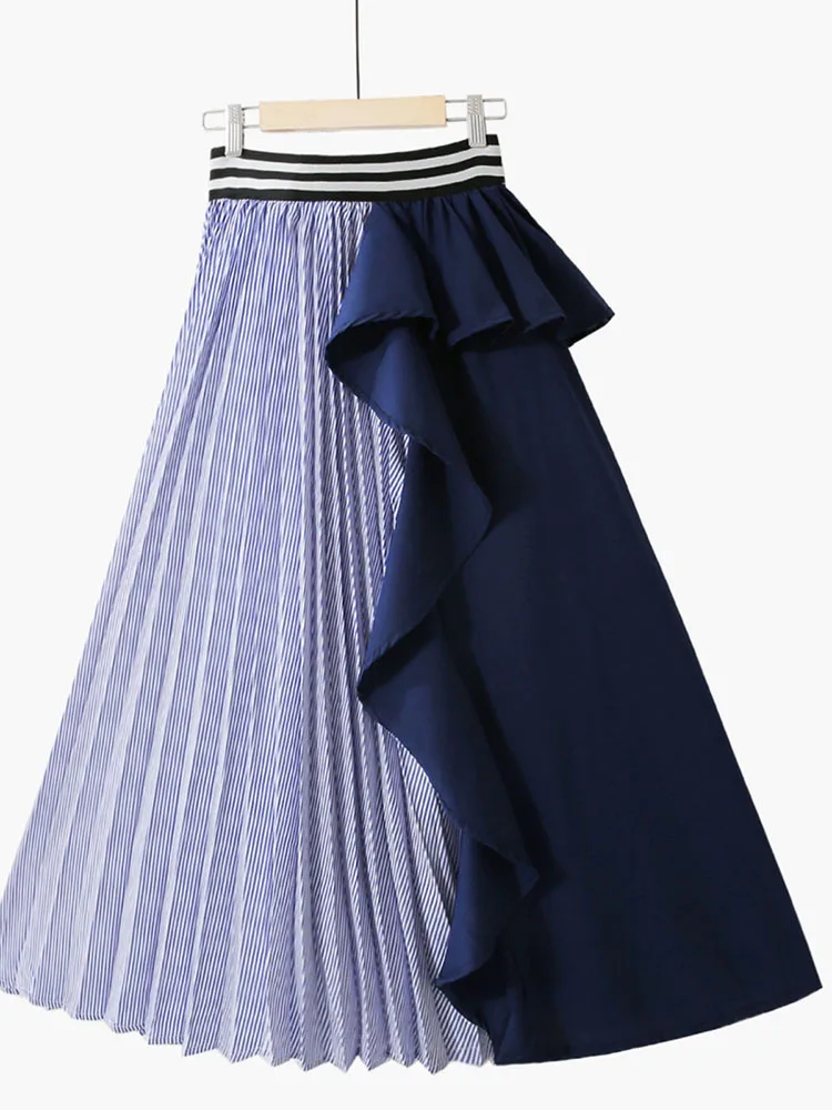 

Versatile Color Block Patchwork Skirts High Waisted Striped Ruffle Edge Irregular Pleats Medium Length Hem Skirt