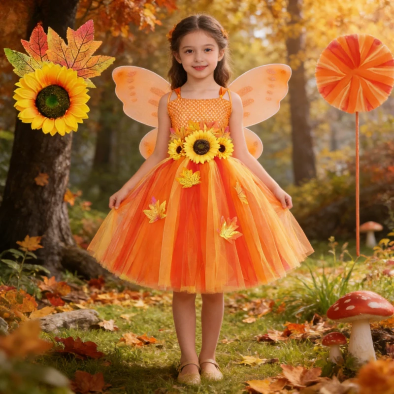 

Maple Leaf Sunflower Fairy Costumes Girls Thanksgiving Halloween Fancy Outfit with Wings for Kids Fall Autumn Long Tutu Dress