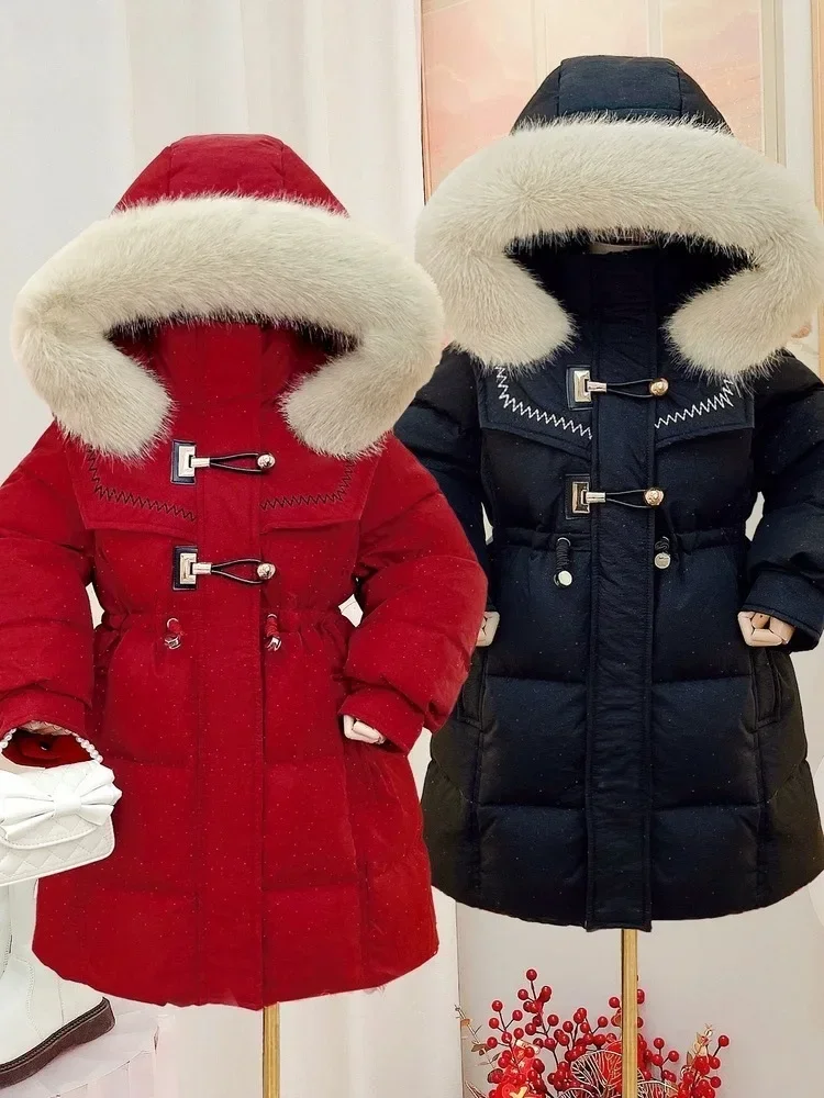 Children Korean Jacket Winter Long Warm Girls Coat Cotton Padded Snowsuit Fashion Hooded Fur Collar Kid Clothing TR239